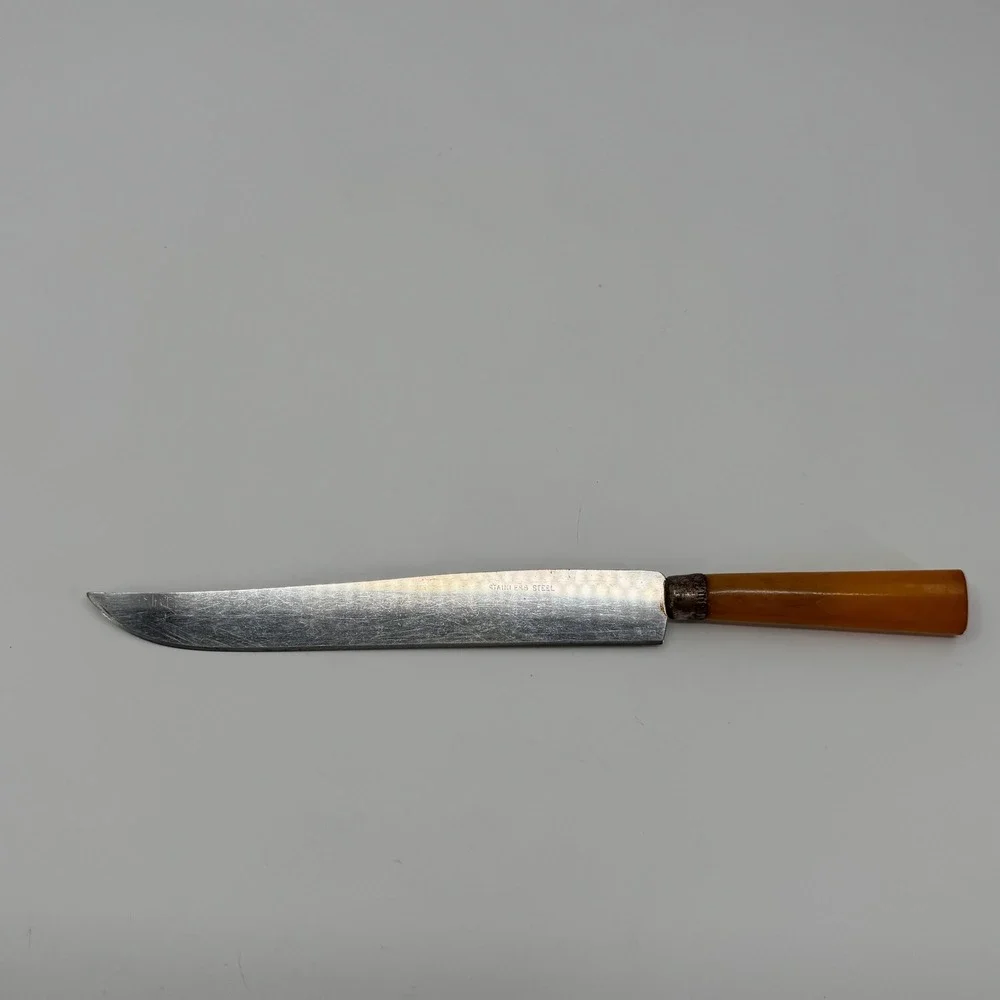 Vtg Stainless Steel Slicing Knife Amber Handle Carving Ham Roast Kitchen Utensil